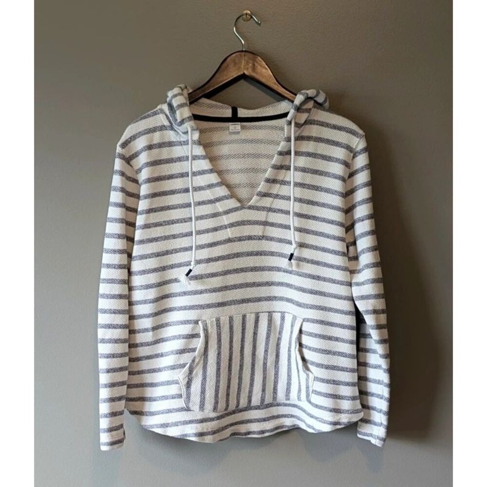 Old Navy Women Large Blue White Striped Beach Hoodie V-Neck Pullover Sweatshirt